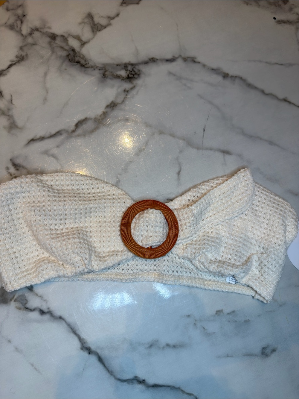 SHEIN Cream Waffle Knit Bandeau with Brown Ring Detail